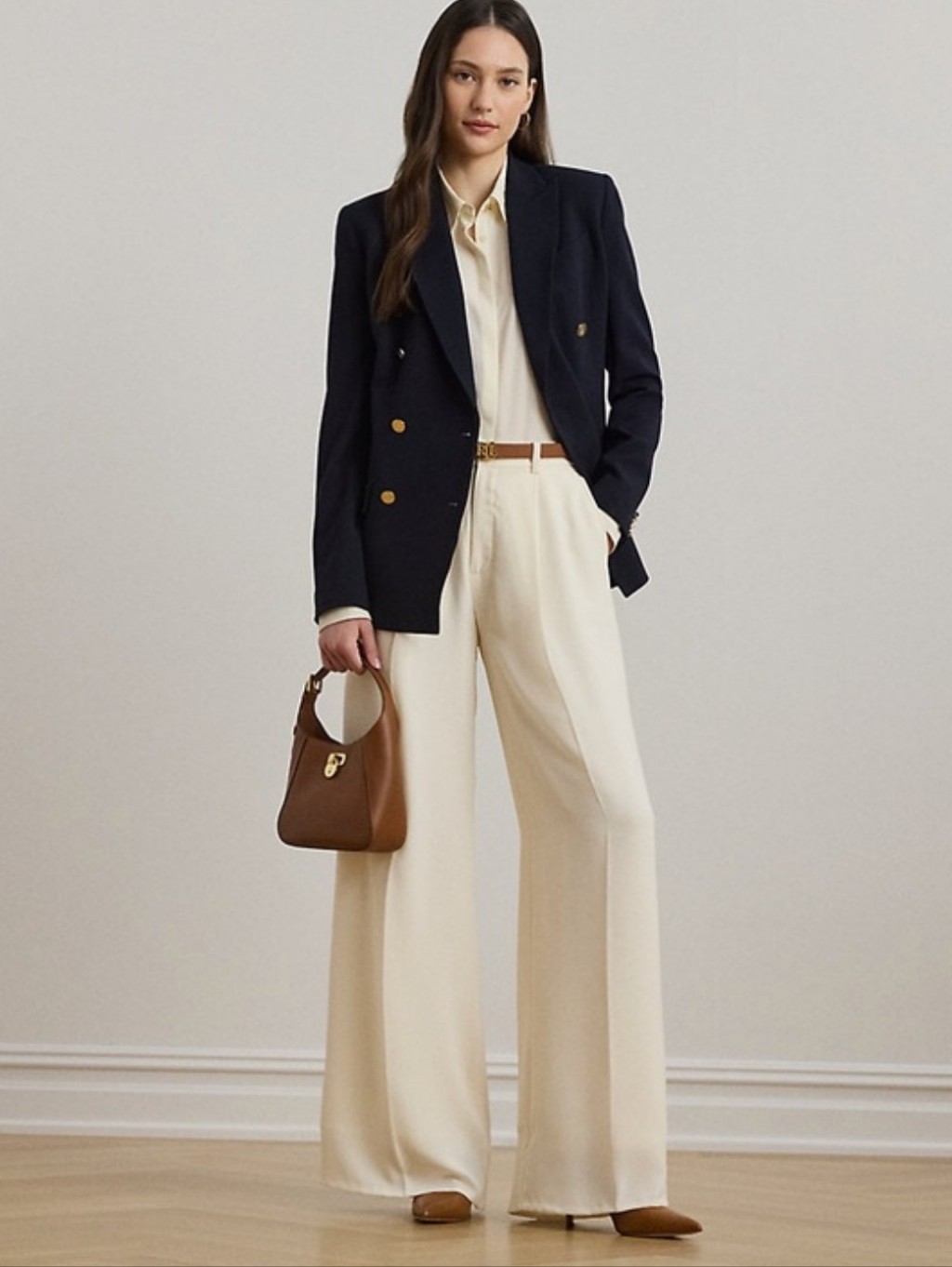 Lauren Ralph Lauren Double-Faced Georgette Winter Cream Wide-Leg Trouser Pants